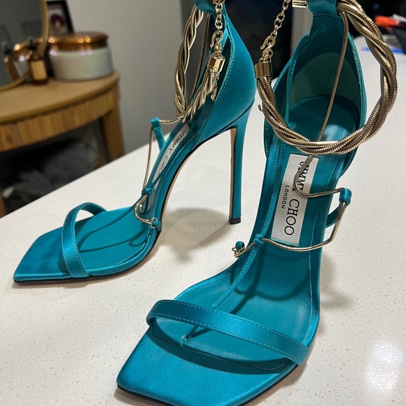JIMMY CHOO Oriana 110 Turquoise Gold Chain Heel Size 37 - Picture 3 of 8